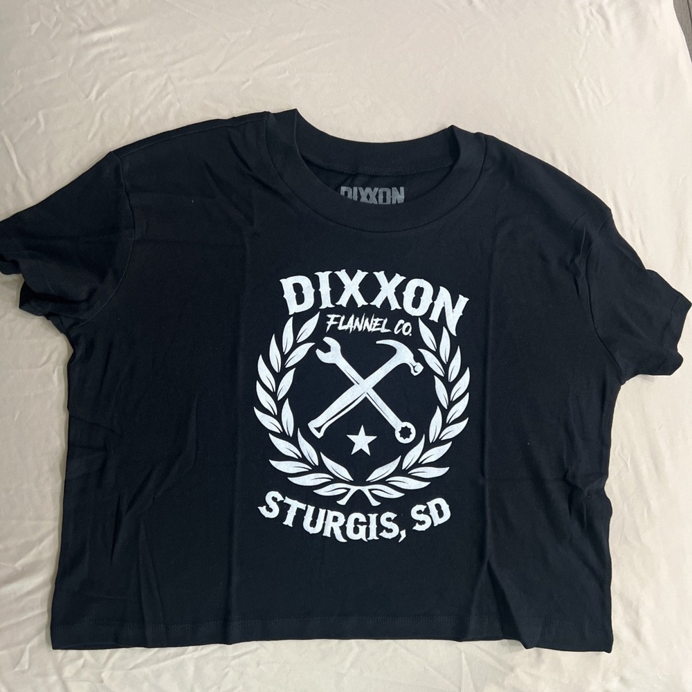 Dixxon Sturgis Sketchy Crest Cropped BLACK T-Shirt SMALL USA